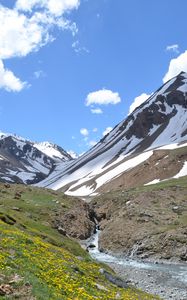 Preview wallpaper mountains, valley, stream, snow, spring