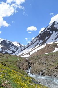 Preview wallpaper mountains, valley, stream, snow, spring