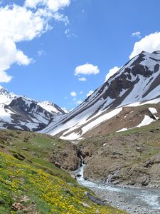 Preview wallpaper mountains, valley, stream, snow, spring