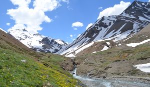 Preview wallpaper mountains, valley, stream, snow, spring