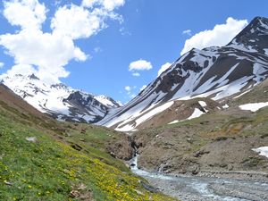 Preview wallpaper mountains, valley, stream, snow, spring