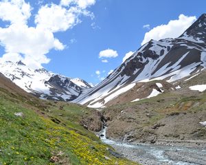 Preview wallpaper mountains, valley, stream, snow, spring