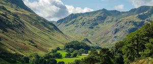 Preview wallpaper mountains, valley, trees, grass, landscape, nature