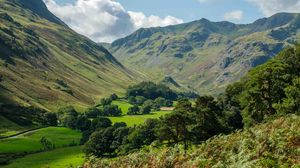 Preview wallpaper mountains, valley, trees, grass, landscape, nature