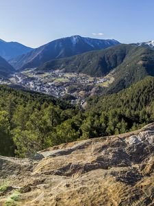 Preview wallpaper mountains, valley, trees, landscape, peaks