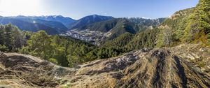 Preview wallpaper mountains, valley, trees, landscape, peaks