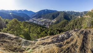 Preview wallpaper mountains, valley, trees, landscape, peaks