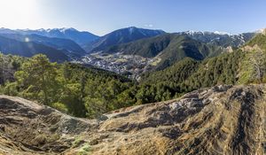 Preview wallpaper mountains, valley, trees, landscape, peaks