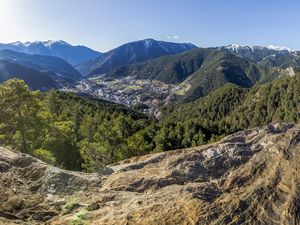 Preview wallpaper mountains, valley, trees, landscape, peaks