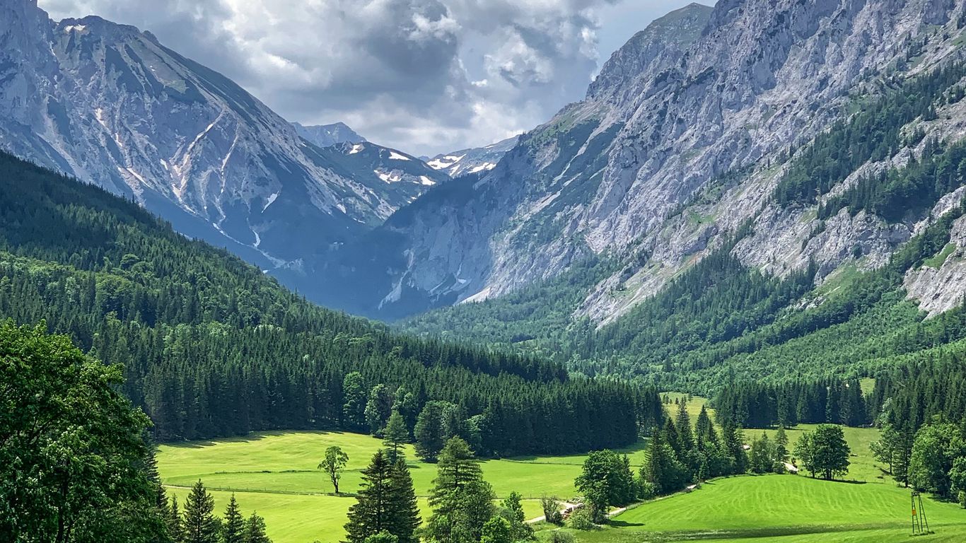 Download wallpaper 1366x768 mountains, valley, trees, grass, landscape,  green tablet, laptop hd background