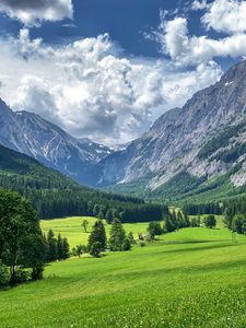 Preview wallpaper mountains, valley, trees, grass, landscape, green