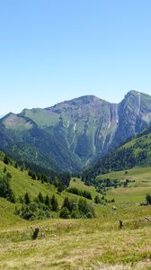 Preview wallpaper mountains, valley, trees, grass, greenery, nature