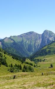 Preview wallpaper mountains, valley, trees, grass, greenery, nature