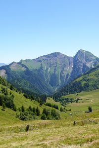 Preview wallpaper mountains, valley, trees, grass, greenery, nature