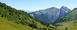 Preview wallpaper mountains, valley, trees, grass, greenery, nature