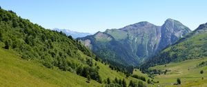 Preview wallpaper mountains, valley, trees, grass, greenery, nature