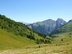 Preview wallpaper mountains, valley, trees, grass, greenery, nature