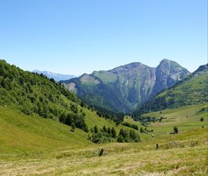 Preview wallpaper mountains, valley, trees, grass, greenery, nature