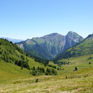 Preview wallpaper mountains, valley, trees, grass, greenery, nature