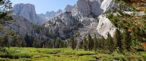 Preview wallpaper mountains, valley, trees, bushes, greenery, landscape