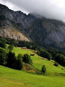 Preview wallpaper mountains, valley, trees, houses, landscape