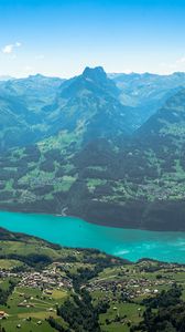 Preview wallpaper mountains, valley, trees, houses, landscape, aerial view