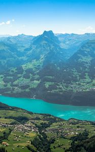 Preview wallpaper mountains, valley, trees, houses, landscape, aerial view