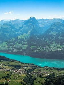 Preview wallpaper mountains, valley, trees, houses, landscape, aerial view