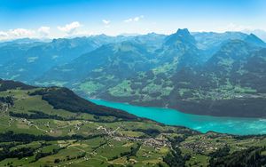 Preview wallpaper mountains, valley, trees, houses, landscape, aerial view