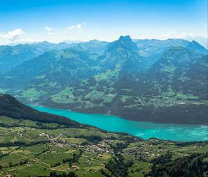 Preview wallpaper mountains, valley, trees, houses, landscape, aerial view