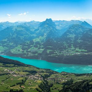 Preview wallpaper mountains, valley, trees, houses, landscape, aerial view