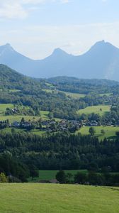 Preview wallpaper mountains, valley, trees, field, grass