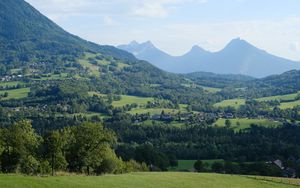 Preview wallpaper mountains, valley, trees, field, grass