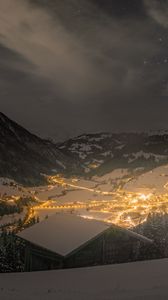 Preview wallpaper mountains, valley, village, snow, night, lights