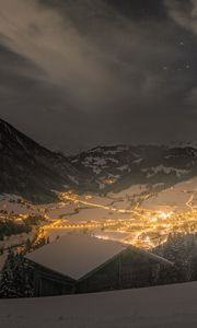 Preview wallpaper mountains, valley, village, snow, night, lights