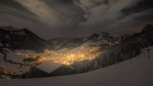 Preview wallpaper mountains, valley, village, snow, night, lights