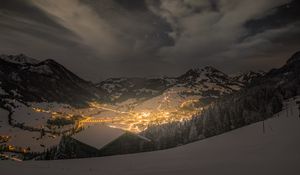 Preview wallpaper mountains, valley, village, snow, night, lights
