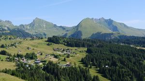 Preview wallpaper mountains, valley, village, landscape, aerial view