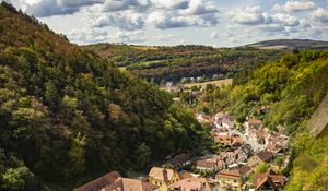 Preview wallpaper mountains, village, buildings, aerial view, valley