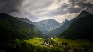 Preview wallpaper mountains, village, forest, nature