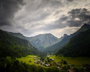 Preview wallpaper mountains, village, forest, nature