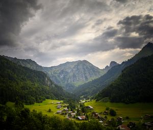 Preview wallpaper mountains, village, forest, nature