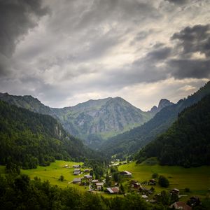 Preview wallpaper mountains, village, forest, nature