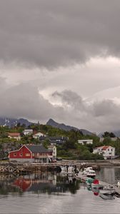 Preview wallpaper mountains, village, houses, pier, boats, nature