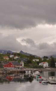 Preview wallpaper mountains, village, houses, pier, boats, nature