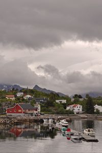 Preview wallpaper mountains, village, houses, pier, boats, nature