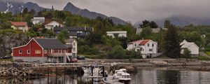 Preview wallpaper mountains, village, houses, pier, boats, nature