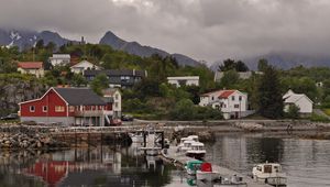 Preview wallpaper mountains, village, houses, pier, boats, nature