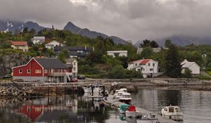 Preview wallpaper mountains, village, houses, pier, boats, nature