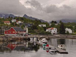 Preview wallpaper mountains, village, houses, pier, boats, nature